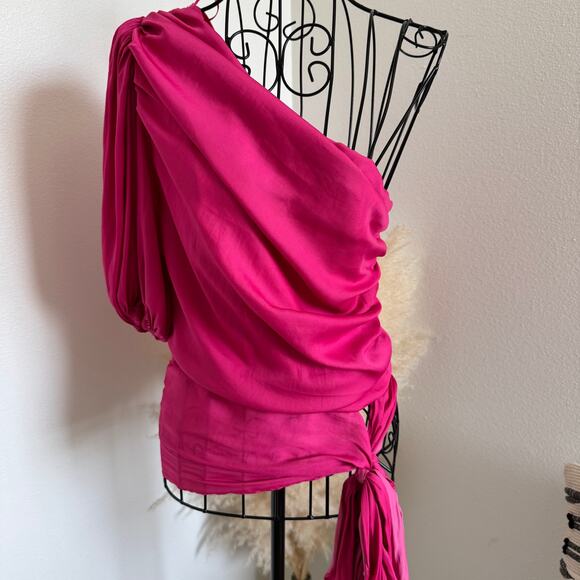 Anthropologie DOLAN Pink Ruched Single-Shoulder Asymmetric Blouse Small - Picture 5 of 15
